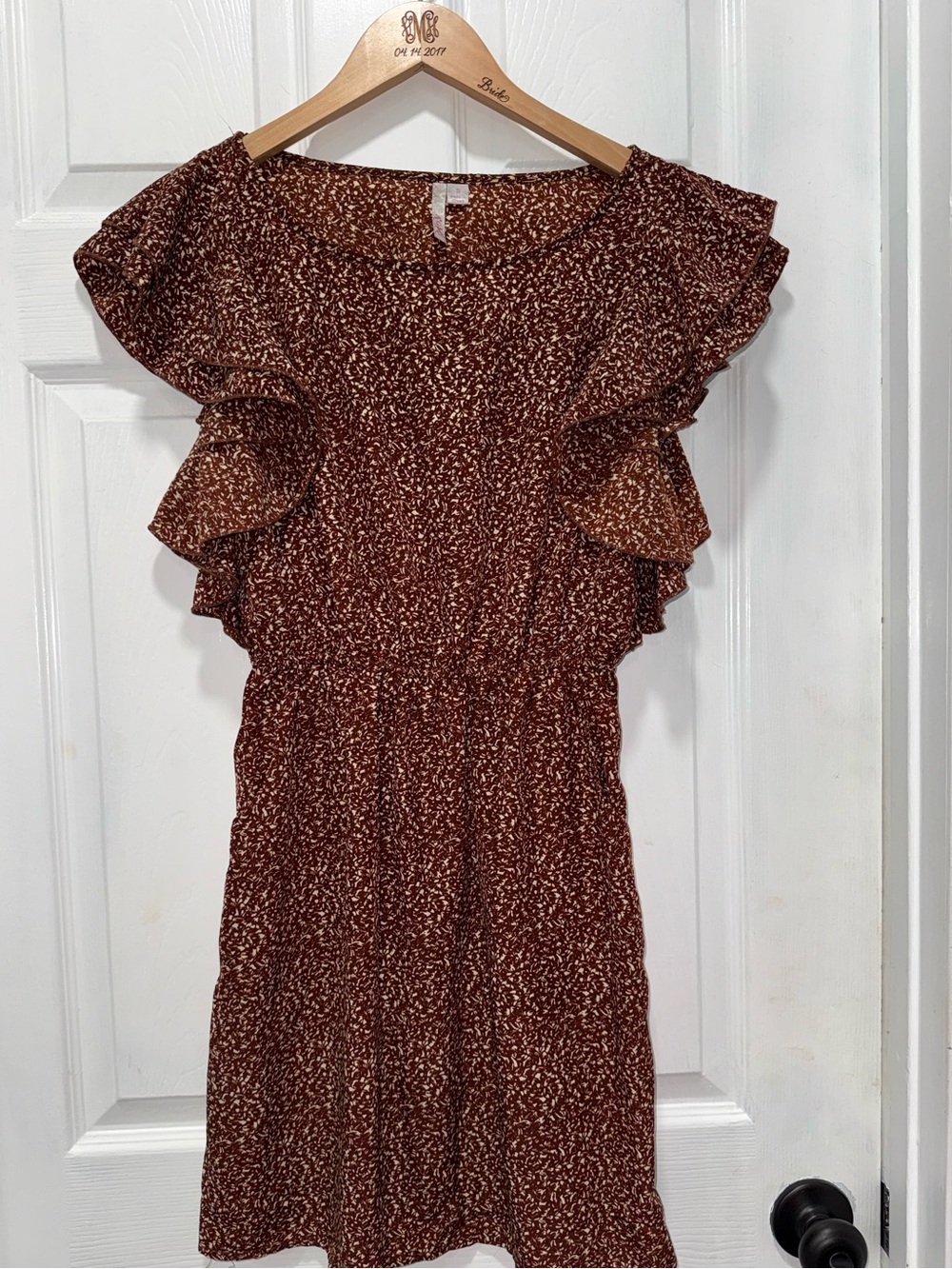 a'gaci Brown and Cream Printed Flutter Sleeve Dress